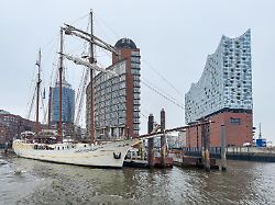 das segelschiff mare frisium liegt am sandtorhoeft im hafen hamburg im hintergrund die elbphilharmonie