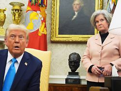 file white house chief of staff susie wiles listens as president donald trump meets with israel s prime minister benjamin netanyahu in the oval office of the white house feb 4 2025 in washington