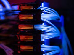 glasfaserbuendel liegen in einem serverschrank