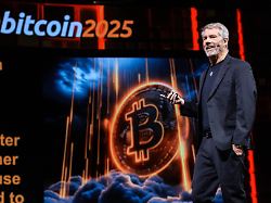 michael j saylor american entrepreneur and business executive speaks at the bitcoin 2025 conference at the venetian in las vegas on may 29 2025