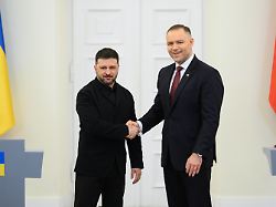 polish president karol nawrocki and ukraine s president volodymyr zelenskyy shake hands during a bilateral meeting at the presidential palace in warsaw poland on december 19 2025