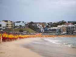 rettungsschwimmer fassen sich an den haenden waehrend sie drei schweigeminuten einlegen um den opfern des anschlags am bondi beach in sydney zu gedenken