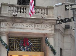 the new york stock exchange is seen decorated in christmas decorations in the financial district in manhattan new york city