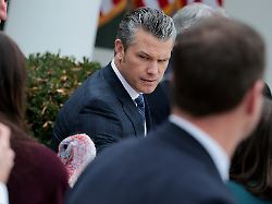 u s secretary of defense pete hegseth looks at gobble one of two turkeys ceremonially pardoned for thanksgiving in the rose garden at the white house in washington d c u s november 25 2025