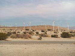 wind turbines dot a dry desert landscape under a wide pale sky