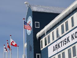 danish greenlandic and u s flags fly at the danish armed forces arctic command in nuuk greenland march 27 2025