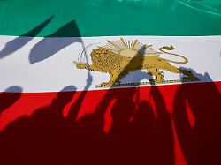 demonstrators cast shadows on a lion and sun pre iranian revolution national flag during a rally in support of protests in iran in rome italy january 17 2026