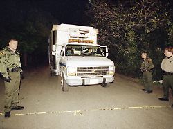 emt ambulance arrives to remove bodies from the heaven s gate cult house in the 9 200 sq foot mansion in the rancho santa fe gated community in san diego calif march 27 1997