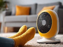 ein heizluefter waermt die fuesse einer frau