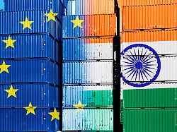 fotomontage gestapelte container mit fahnen von eu und indien fotomontage stacked containers with flags of eu and india