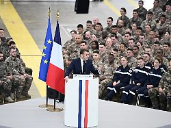 french president emmanuel macron delivers a speech as he visits the istres military air force base southern france thursday jan 15 2026