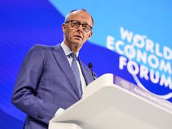 german chancellor friedrich merz speaks during the annual meeting of the world economic forum in davos switzerland thursday jan 22 2026