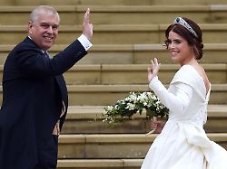 hrh prince andrew and hrh princess eugenie arrive at st george s chapel at her wedding to jack brooksbank windsor castle berkshire uk 12 10 2018