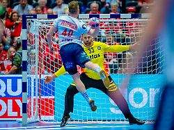 herning denmark 20260124 august pedersen against germany s goalkeeper andreas wolff during the european championship handball match between germany and norway at the boxen arena in herning