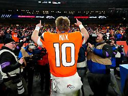 jan 17 2026 denver co usa denver broncos quarterback bo nix 10 celebrates after winning an afc divisional round playoff game against the buffalo bills at empower field at mile high