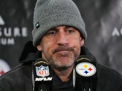 pittsburgh steelers quarterback aaron rodgers speaks during a press conference after an nfl wild card playoff football game against the houston texans monday jan 12 2026 in pittsburgh ap photo gene j