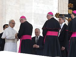 pope leo xiv seen with the cardinals during his first weekly general audience in st peter s square
