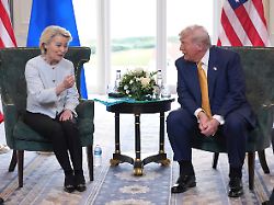 president donald trump and european commission president ursula von der leyen speak as they meet at the trump turnberry golf course in turnberry scotland sunday july 27 2025