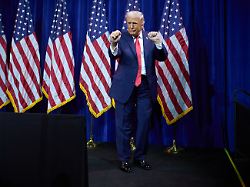 president donald trump dances as he walks off stage after speaking to house republican lawmakers during their annual policy retreat tuesday jan 6 2026 in washington