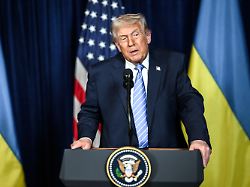 president donald trump participates in a joint press conference alongside ukranian president volodymyr zelensky at mar a lago in palm beach florida december 28 2025