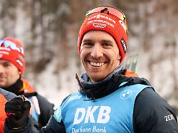 ruhpolding germany january 15 happy zobel david ger 4 3 smiles into the camera at the men s 4x7 5 km relay at the bmw ibu world cup biathlon ruhpolding on january 15 2026 in ruhpolding germany