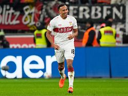 stuttgart s jamie leweling celebrates after scoring during the german bundesliga soccer match between bayer 04 leverkusen and vfb stuttgart in leverkusen germany saturday jan 10 2026