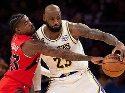 toronto raptors guard jamal shead 23 defends los angeles lakers forward lebron james 23 during the second half of an nba basketball game in los angeles sunday jan 18 2026
