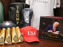 trump branded items are displayed for sale at the recently opened trump merchandise store at trump turnberry golf course on july 28 2025 in turnberry scotland britain