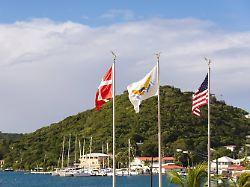 usvi st thomas charlotte amalie flags of us virgin island and denmark flying in capital city of usvirgin islands