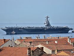view of the aircraft carrier uss gerald r ford arriving in marseille the aircraft carrier uss gerald r ford arrives in the french mediterranean port of marseille
