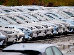 zahlreiche neue elektrofahrzeuge von byd stehen auf einem parkplatz im hafengebiet