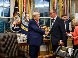 august 18 2025 washington district of columbia usa president donald trump shakes hands with german chancellor friedrich merz after their meeting monday august 18 2025 in the oval office