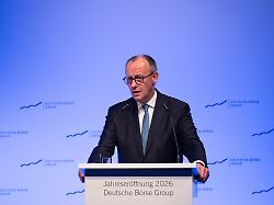bundeskanzler friedrich merz cdu spricht waehrend der jahreseroeffnung 2026 der deutschen boerse ag am hauptsitz in eschborn