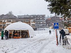 ein zelt schuetzt niedergelegte blumen und kerzen fuer die opfer des brandes in einer bar vor dem schneefall