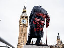 february 27 2026 london london uk london uk winston churchill statue in westminster square vandalised overnight by pro palestinian activists