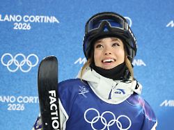 gu ailing eileen of china reacts during the women s freestyle skiing halfpipe qualification at the milano cortina 2026 olympic winter games at the livigno snow park in italy on february 19 2026