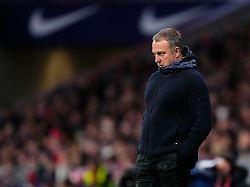 hansi flick head coach of barcelona reacts during the first leg of the copa del rey semi final between atletico de madrid and fc barcelona at riyadh air metropolitano on february 12 2026 in madrid spain