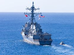 january 27 2026 frederikstad us virgin islands usa the u s navy destroyer uss winston s churchill departs st croix heading out into the caribbean sea