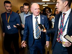 january 6 2026 washington district of columbia usa u s senator mark kelly d az speaking with reporters near the senate subway at the u s capitol