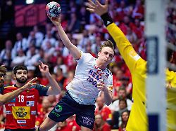 norway s tobias groendahl in action with spain s goalkeeper ignacio biosca during the european championship handball match between spain and norway in herning denmark thursday jan 22 2026