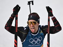olympia olympische winterspiele mailand cortina 2026 biathlon sprint 10 km maenner david zobel aus deutschland kommt ins ziel