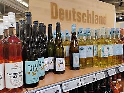 wein weinflaschen getraenke regal im supermarkt rewe deutscher wein wein wine wine bottles beverages shelf in supermarket rewe german wine wine publicationxinxgerxsuixautxonly