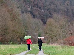 zwei spaziergaengerin gehen auf einem feldweg am neckar