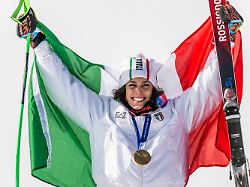 260212 federica brignone of italy celebrates with her gold medal after competing in womens super g alpine skiing during day 6 of the 2026 winter olympics on february 12 2026 in cortina