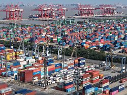 an aerial view of a container terminal in seen in shanghai tuesday march 10 2026
