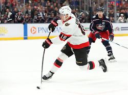 dec 11 2025 columbus ohio usa ottawa senators center tim stuetzle 18 shoots the puck and scores on the play during the first period against the columbus blue jackets at nationwide arena
