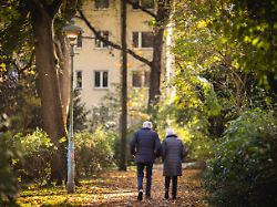 ein senior und eine seniorin machen in der morgendlichen sonne einen spaziergang durch einen park aufgenommen in berlin 20 10 2025