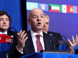 fifa president gianni infantino speaks as he and argentina s president javier milei attend the inaugural board of peace meeting at the u s institute of peace in washington d c u s february 19 2026