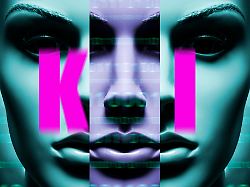 frauenfigur mit binaercode und schriftzug ki symbolfoto kuenstliche intelligenz fotomontage