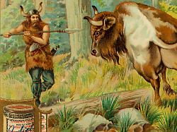 geschichte germanen jagd auf auerochsen farblithographie anonym um 1900 sammelbildchen der comagnie liebig s fleisch extract aus einer serie germanische braeuche privatsammlung